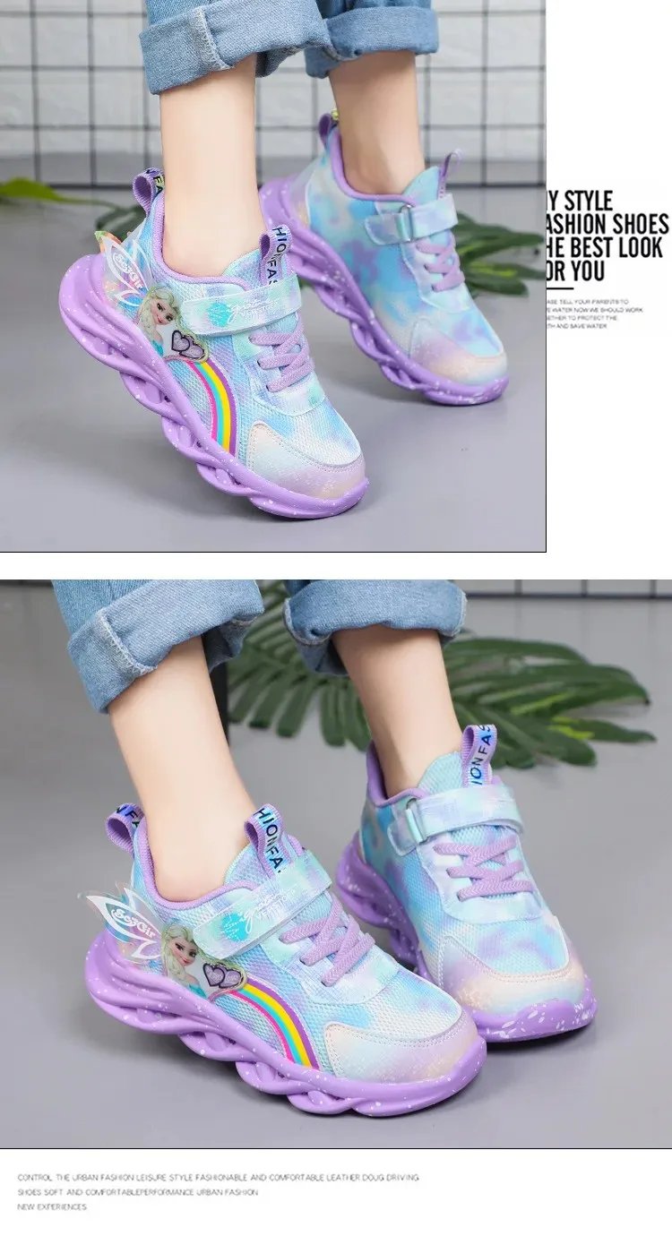 Disney Girls' Casual Shoes Led Lights Mesh Breathable Children's Sports Princess Elsa Pink Purple Shoes Sneakers Size 22-35