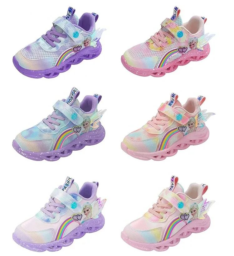 Disney Girls' Casual Shoes Led Lights Mesh Breathable Children's Sports Princess Elsa Pink Purple Shoes Sneakers Size 22-35