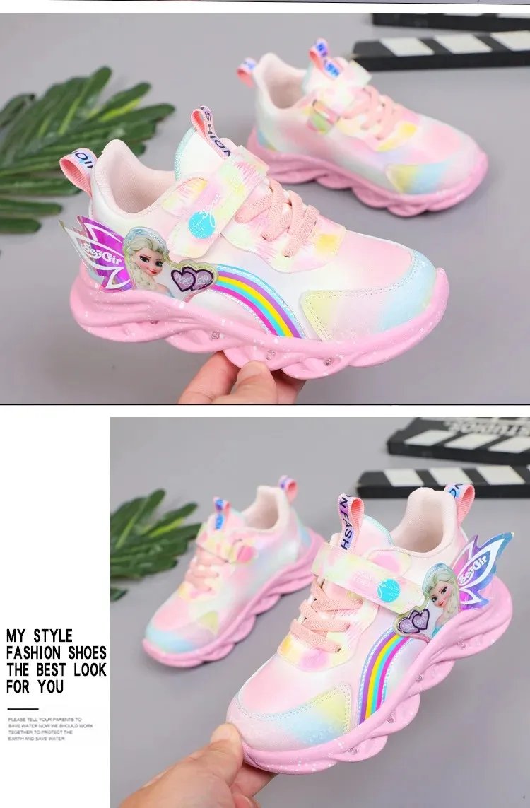 Disney Girls' Casual Shoes Led Lights Mesh Breathable Children's Sports Princess Elsa Pink Purple Shoes Sneakers Size 22-35