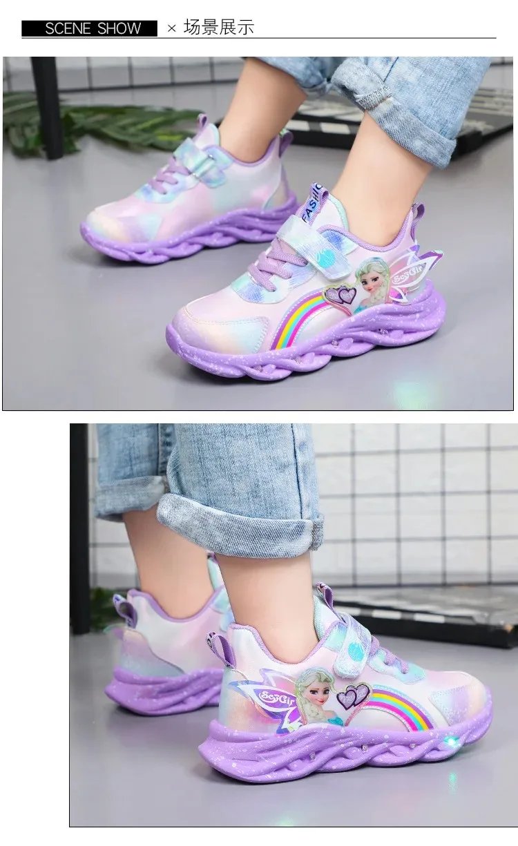 Disney Girls' Casual Shoes Led Lights Mesh Breathable Children's Sports Princess Elsa Pink Purple Shoes Sneakers Size 22-35
