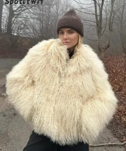 Women Fashion Solid Thicken Faux Fur Coat Elegant Lapel Long Sleeve Cropped Jackets Vintage Female Casual High Street Outerwear