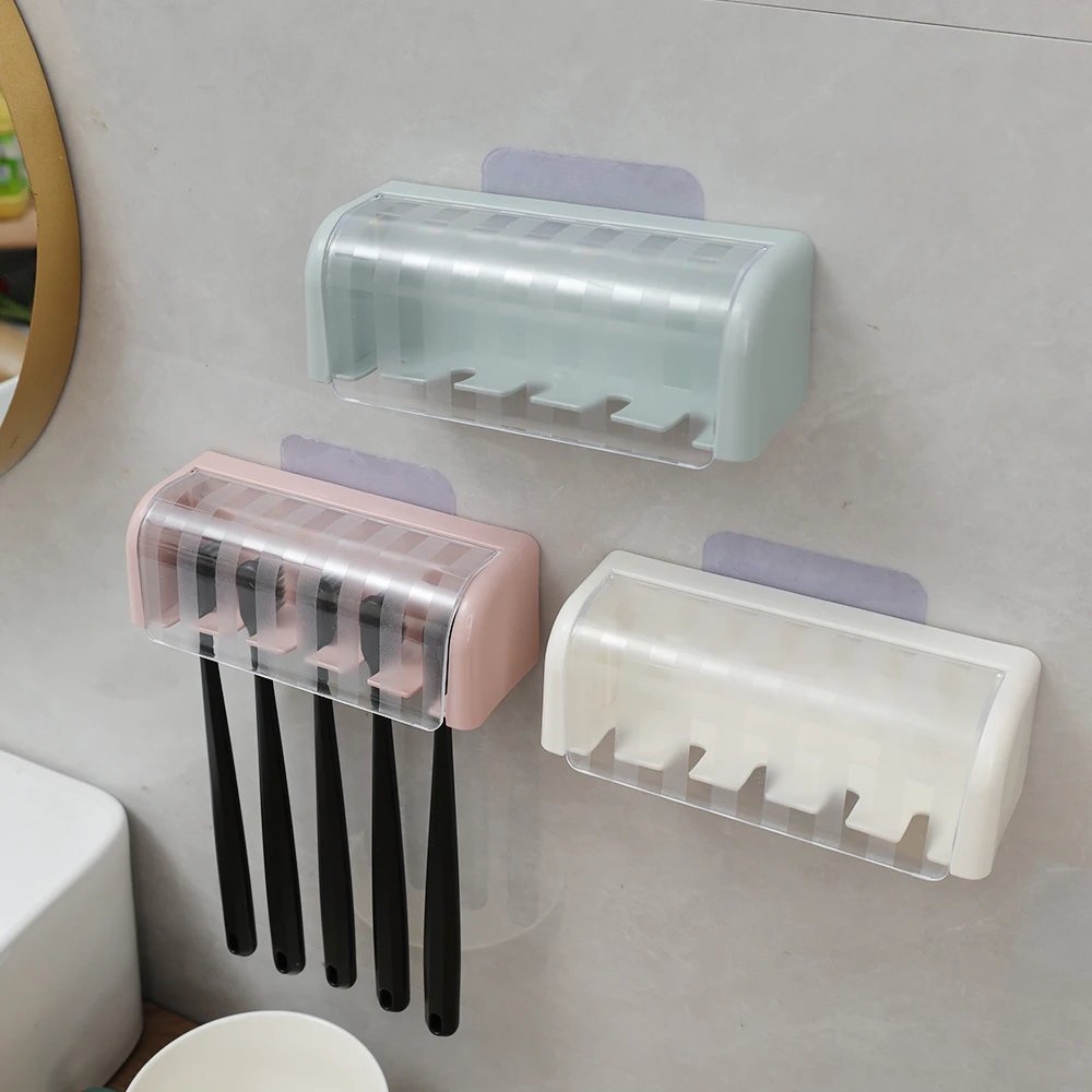 Bathroom Wallmount Toothbrush Holder with Cover 5 Slots Without Drilling Home Bathroom Self Adhered Toothbrush Storage Racks