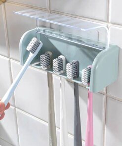 Bathroom Wallmount Toothbrush Holder with Cover 5 Slots Without Drilling Home Bathroom Self Adhered Toothbrush Storage Racks