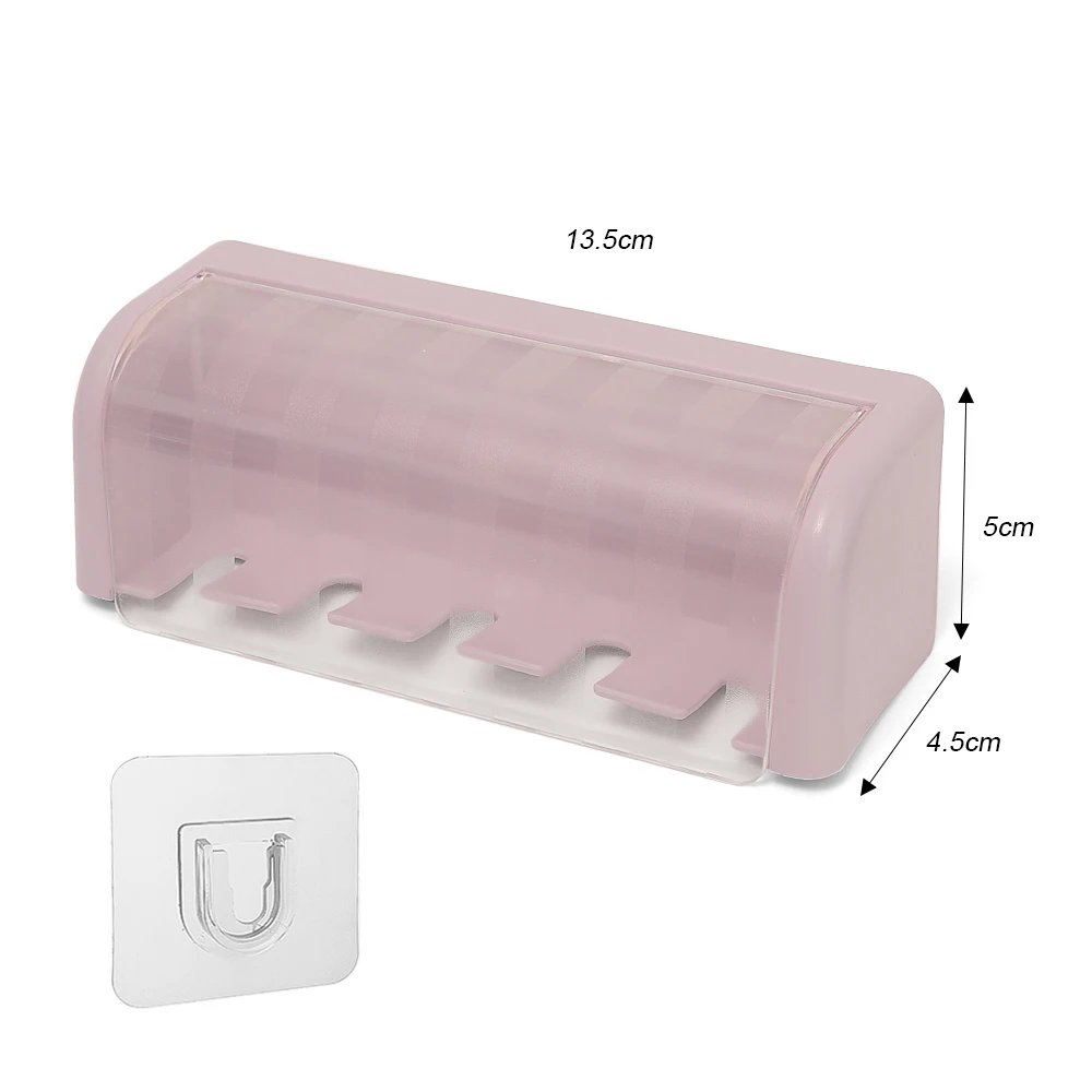 Bathroom Wallmount Toothbrush Holder with Cover 5 Slots Without Drilling Home Bathroom Self Adhered Toothbrush Storage Racks