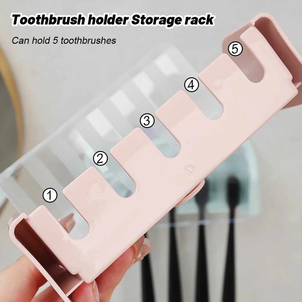 Bathroom Wallmount Toothbrush Holder with Cover 5 Slots Without Drilling Home Bathroom Self Adhered Toothbrush Storage Racks