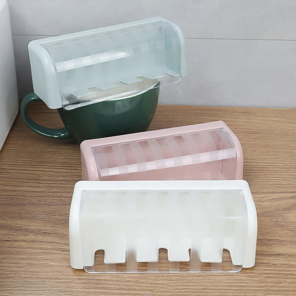 Bathroom Wallmount Toothbrush Holder with Cover 5 Slots Without Drilling Home Bathroom Self Adhered Toothbrush Storage Racks