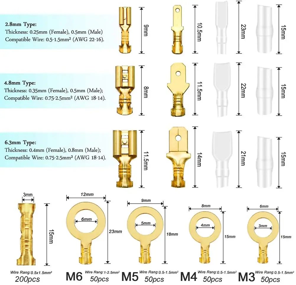 2.8/4.8/6.3mm Insulated Female Male Spade Crimp Terminals Sleeve Wire Wrap Connector And Insulated Sleeves Kit 2.8/4.8/6.3mm Insulated Female Male Spade Crimp Terminals Sleeve Wire Wrap Connector And Insulated Sleeves Kit