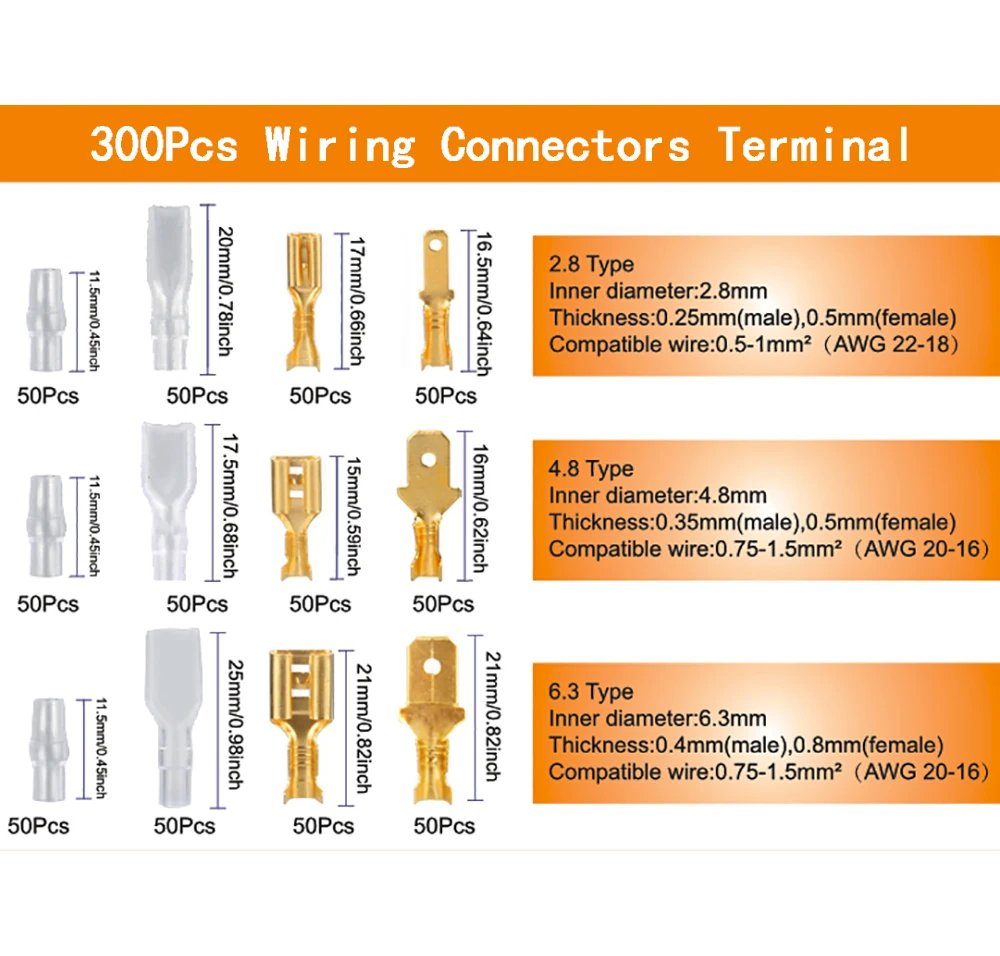 2.8/4.8/6.3mm Insulated Female Male Spade Crimp Terminals Sleeve Wire Wrap Connector And Insulated Sleeves Kit 2.8/4.8/6.3mm Insulated Female Male Spade Crimp Terminals Sleeve Wire Wrap Connector And Insulated Sleeves Kit