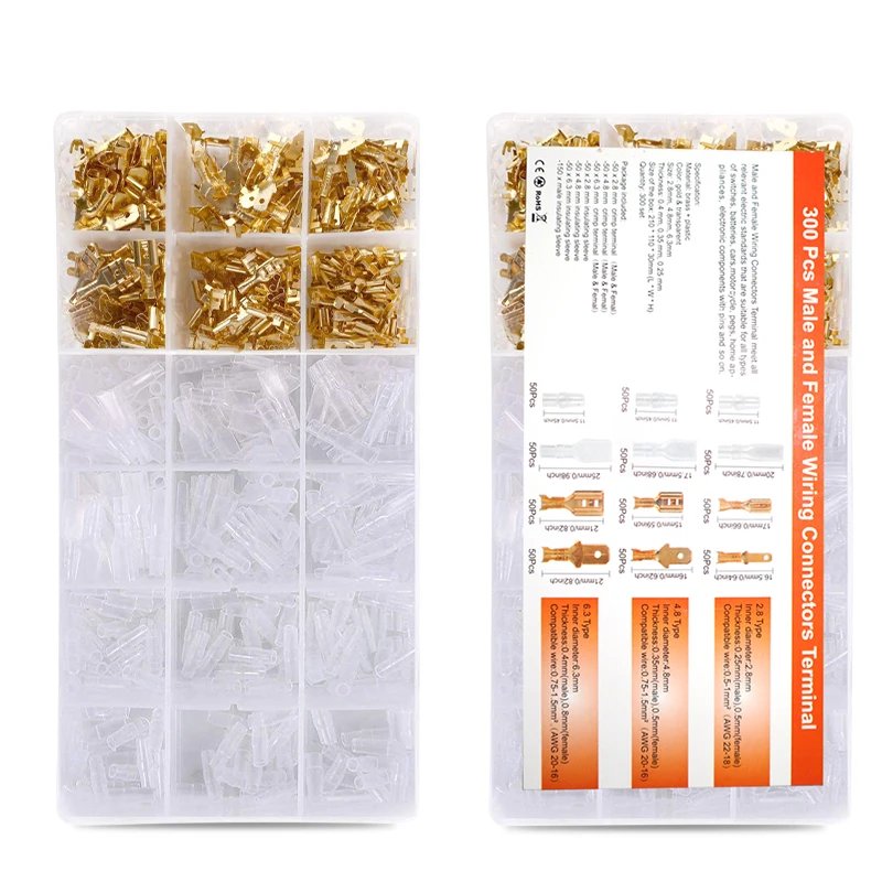 2.8/4.8/6.3mm Insulated Female Male Spade Crimp Terminals Sleeve Wire Wrap Connector And Insulated Sleeves Kit 2.8/4.8/6.3mm Insulated Female Male Spade Crimp Terminals Sleeve Wire Wrap Connector And Insulated Sleeves Kit