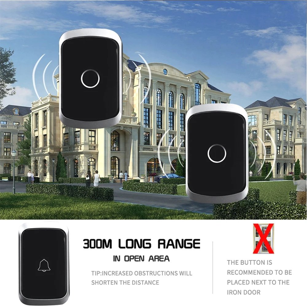 Waterproof Wireless Doorbell AC 100V-240V EU Plug Smart Remote control Door Bell Rings with battery included , plug and play.