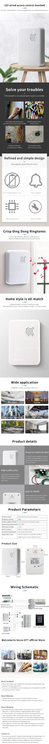 DC12V Wired Doorbell Does Not Need Battery, DingDong Ringtone ABS Flame Retardant Material For Access Control System Special