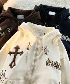 1Hoodies Women Retro Harajuku Hip Hop Jacket High Street Zip Up Hoodie Casual Loose Sweatshirt Clothes Y2K Tops oversized hoodie