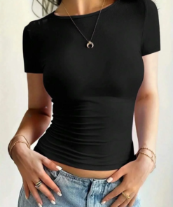 Womens Basic T-Shirts Scoop Neck Short Sleeve Crop Tops Cute Summer Tops Slim Fit Tees Y2k Clothing 2024
