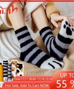 Women Winter Warm Fluffy Socks Cute Animal Claw Cat Paw Footprint Fuzzy Socks Female Thick Coral Fleece Home Floor Sleep Socks