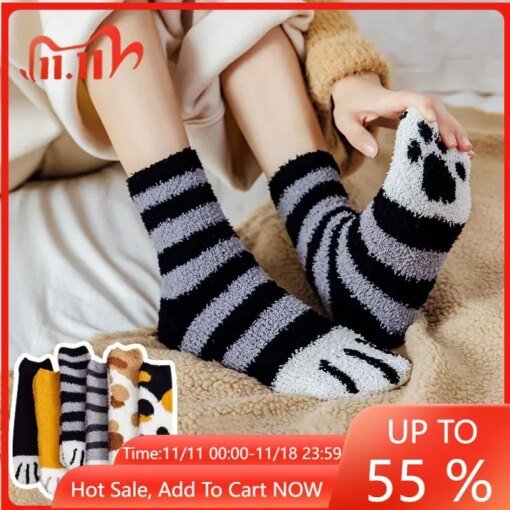 Women Winter Warm Fluffy Socks Cute Animal Claw Cat Paw Footprint Fuzzy Socks Female Thick Coral Fleece Home Floor Sleep Socks