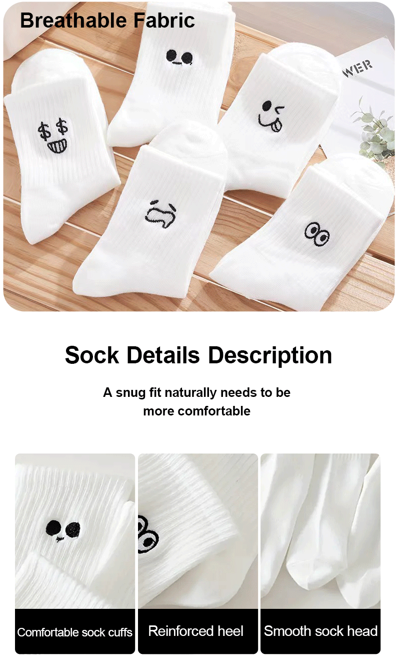 5 Pairs Women's Cartoon Socks Round Neck Mid Tube Fashionable Cute Expression Pattern Socks Casual Breathable Autumn Girls Socks