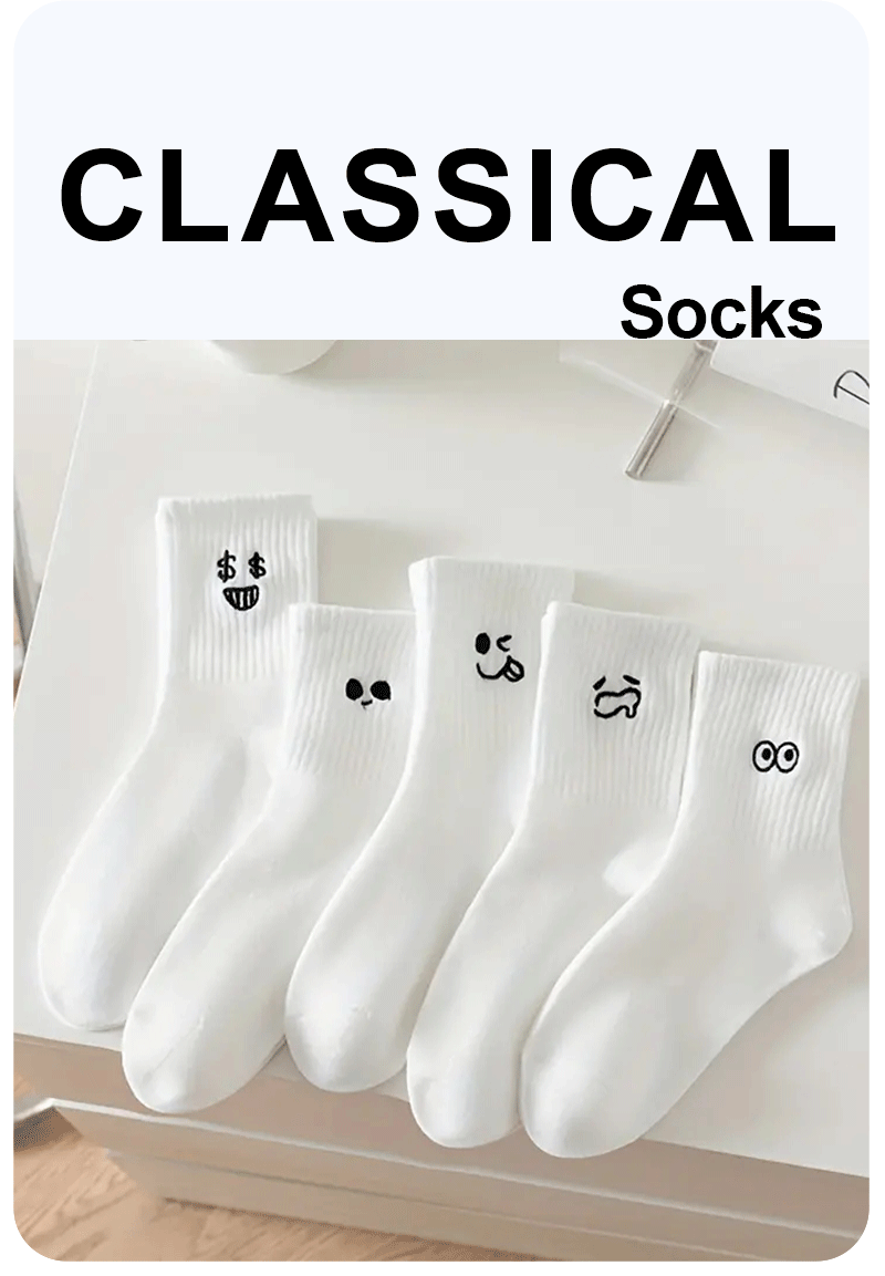 5 Pairs Women's Cartoon Socks Round Neck Mid Tube Fashionable Cute Expression Pattern Socks Casual Breathable Autumn Girls Socks