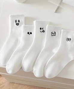 5 Pairs Women's Cartoon Socks Round Neck Mid Tube Fashionable Cute Expression Pattern Socks Casual Breathable Autumn Girls Socks