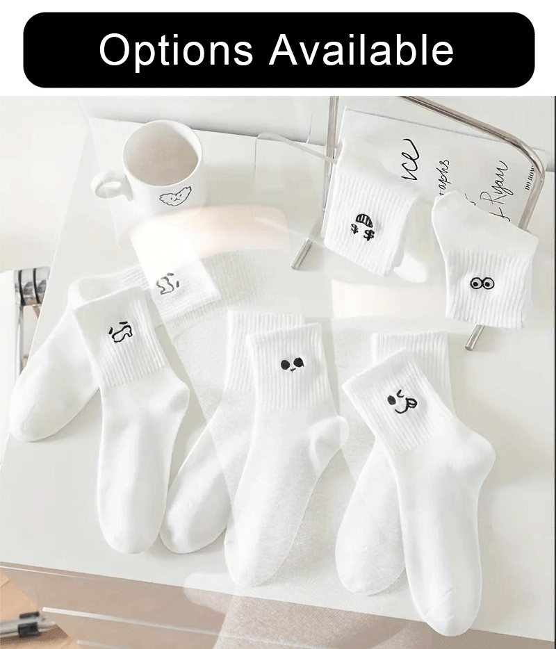 5 Pairs Women's Cartoon Socks Round Neck Mid Tube Fashionable Cute Expression Pattern Socks Casual Breathable Autumn Girls Socks