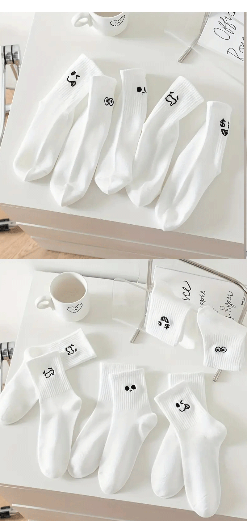 5 Pairs Women's Cartoon Socks Round Neck Mid Tube Fashionable Cute Expression Pattern Socks Casual Breathable Autumn Girls Socks