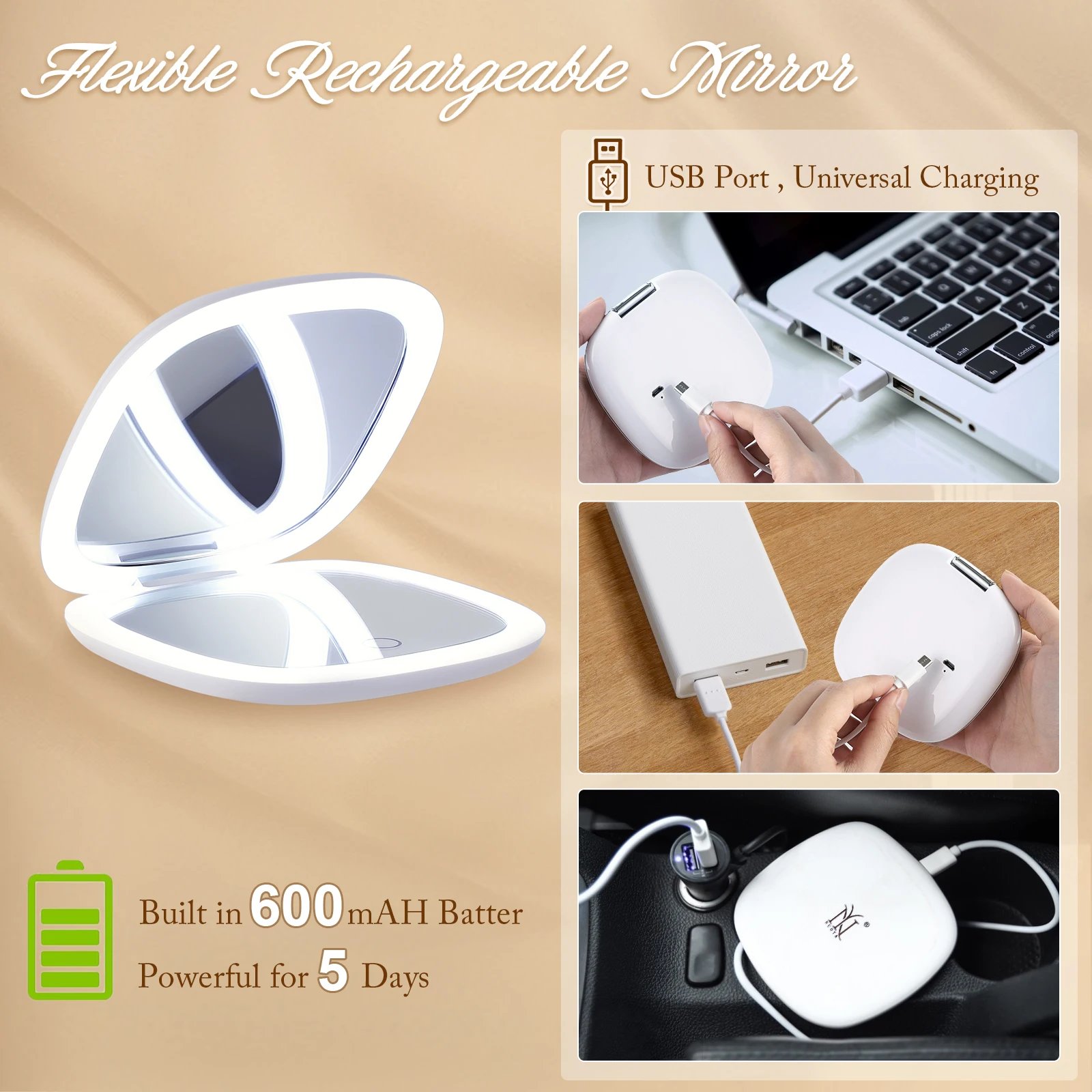 Compact Small Mini Gift Vanity Table Folding LED Lights Portable Hand Held Pocket Makeup Mirror 1X 10X magnifying