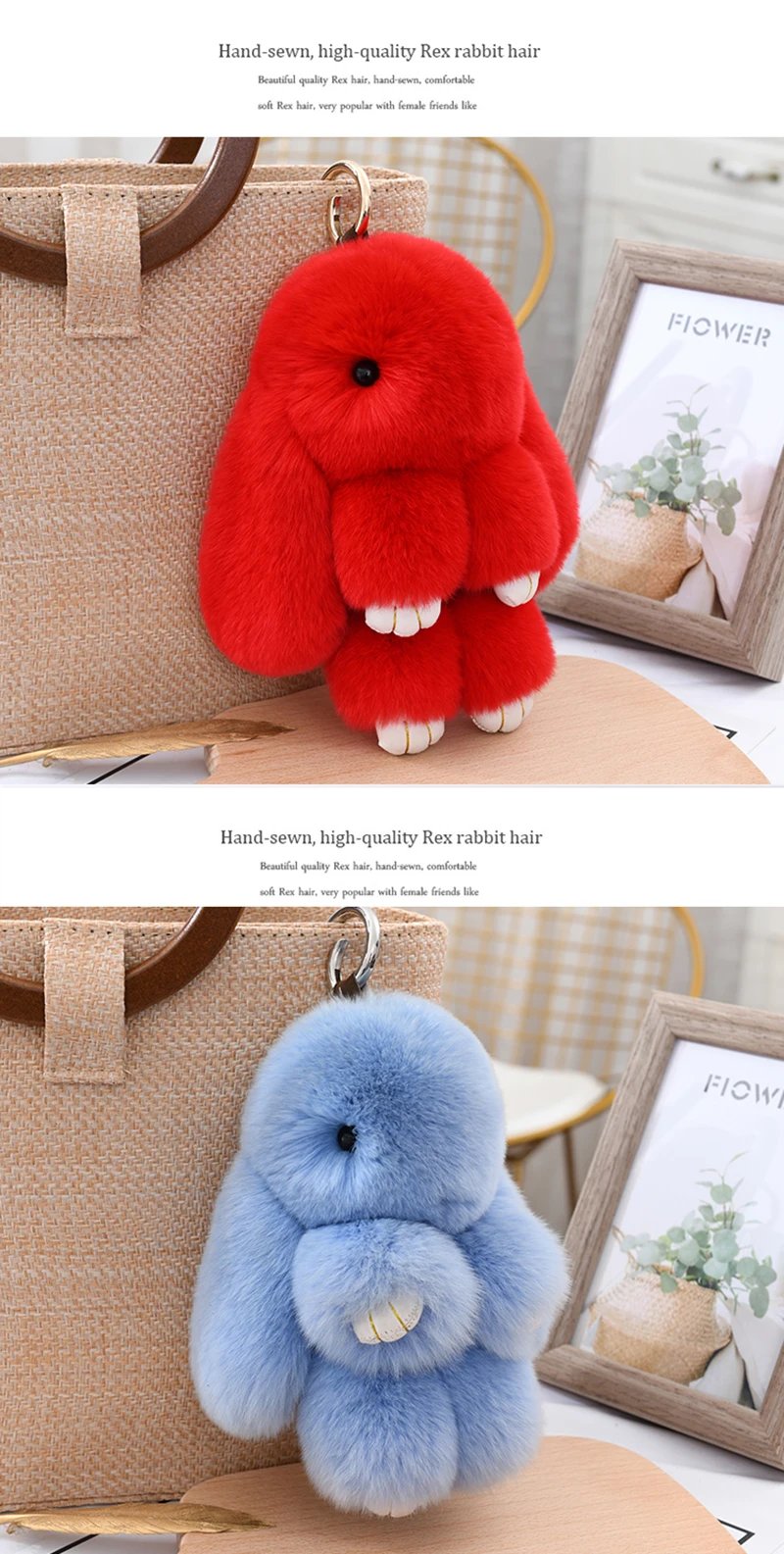 Three Model Size 100% Natural Rex Rabbit Fur Cute Fluffy Bunny Keychain Real Fur Key Chains Bag Toys Doll Lovely Keyring Pendant