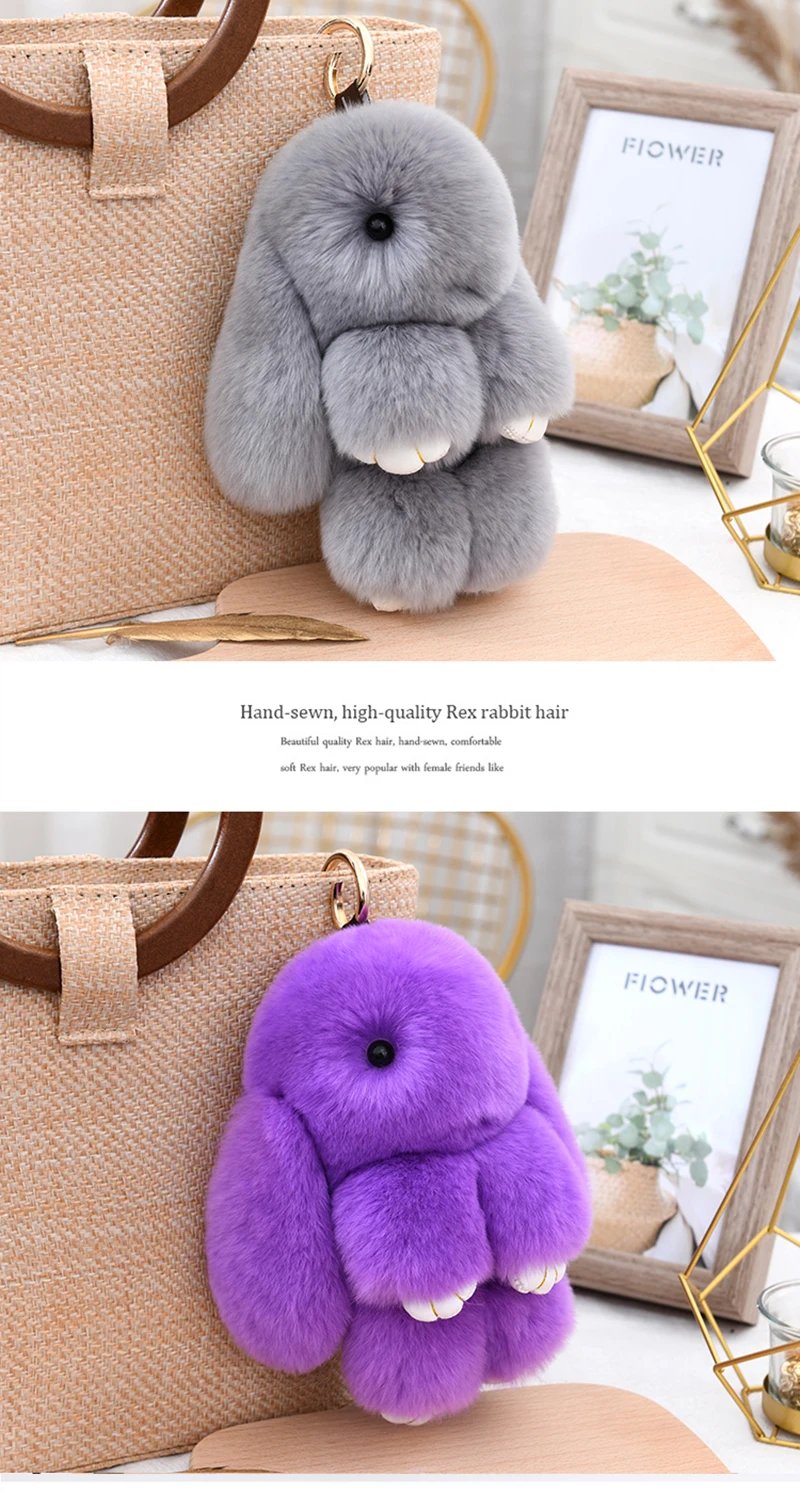 Three Model Size 100% Natural Rex Rabbit Fur Cute Fluffy Bunny Keychain Real Fur Key Chains Bag Toys Doll Lovely Keyring Pendant