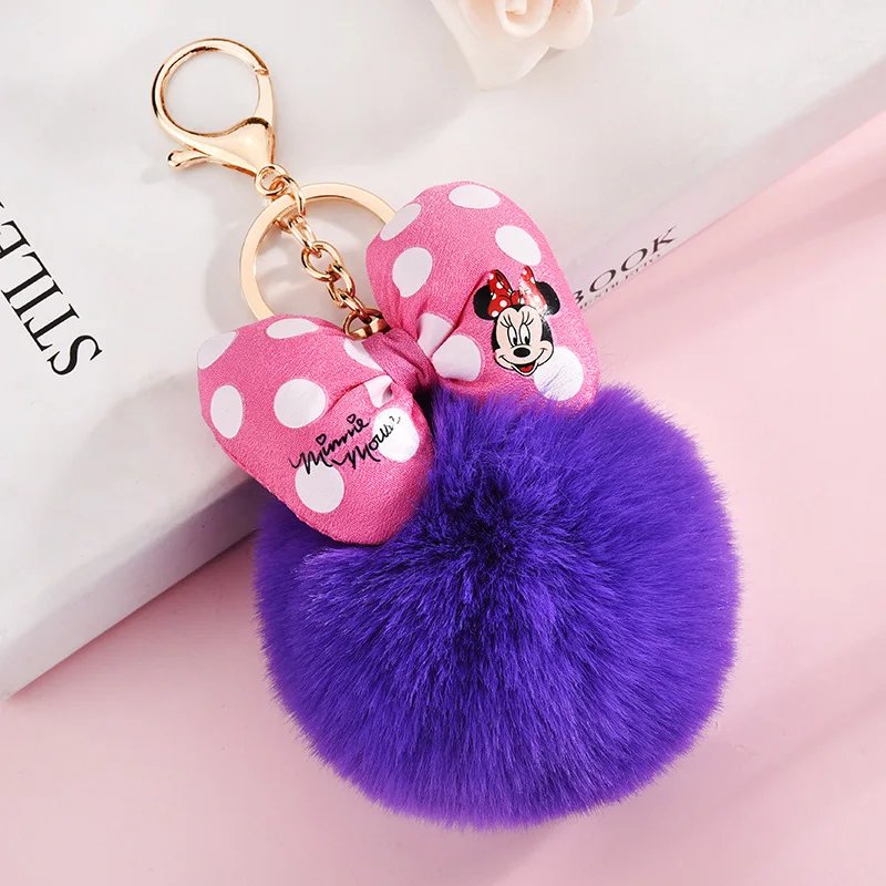 Disney Minnie Mickey Mouse Plush Keychains Cartoon Polka Dot Bow Pom-Pom Key Ring Pendant Car Bag Ornament Girl Child Gift Toy