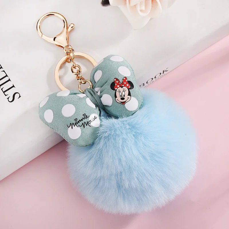 Disney Minnie Mickey Mouse Plush Keychains Cartoon Polka Dot Bow Pom-Pom Key Ring Pendant Car Bag Ornament Girl Child Gift Toy