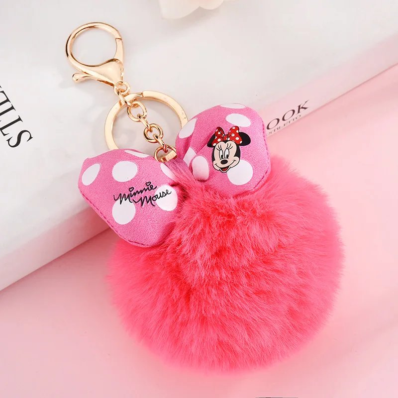 Disney Minnie Mickey Mouse Plush Keychains Cartoon Polka Dot Bow Pom-Pom Key Ring Pendant Car Bag Ornament Girl Child Gift Toy