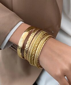 10 Piece Set Ethnic Style Gold Color Bracelet Vintage Wide Smooth Bracelets For Women Bangles 2024 Trendy Jewelry Accessories