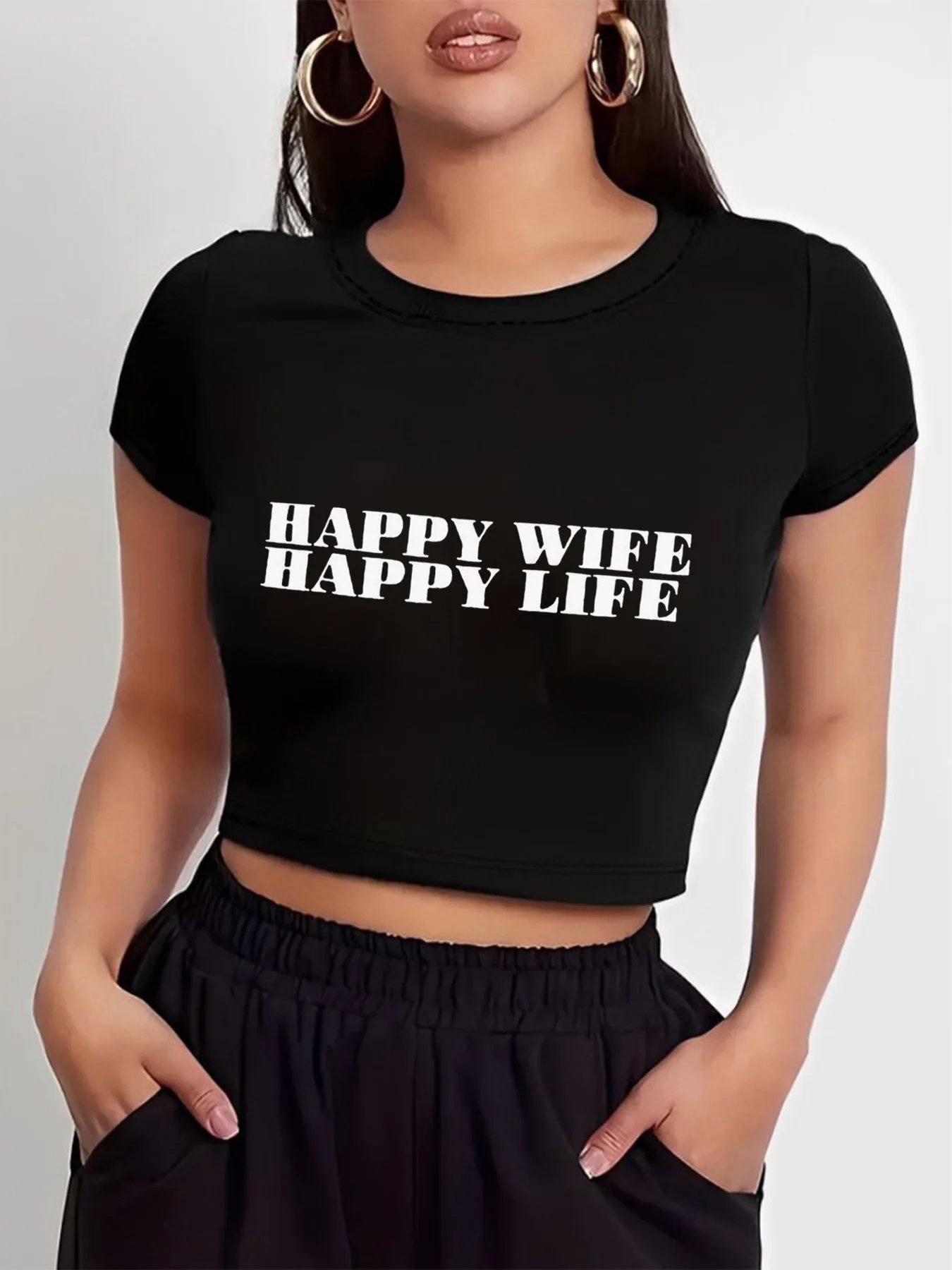 Happy Wife Happy Life Letter Design Graphic Slim Short-Sleeved Right Shoulder Slim T-Shirt Happy Wife Happy Life Letter Design Graphic Slim Short-Sleeved Right Shoulder Slim T-Shirt