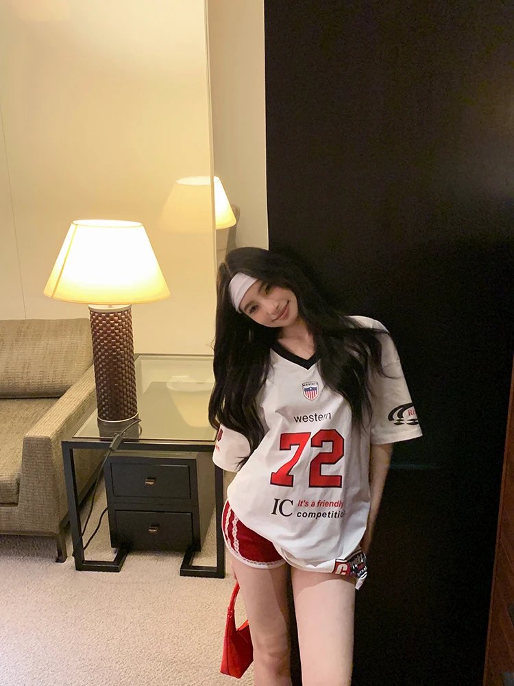 ADAgirl Sports Letter Graphic T Shirts for Women Short Shoulder Contrast V-neck Loose Tops Streetwear Football Clothes Summer ADAgirl Sports Letter Graphic T Shirts for Women Short Shoulder Contrast V-neck Loose Tops Streetwear Football Clothes Summer