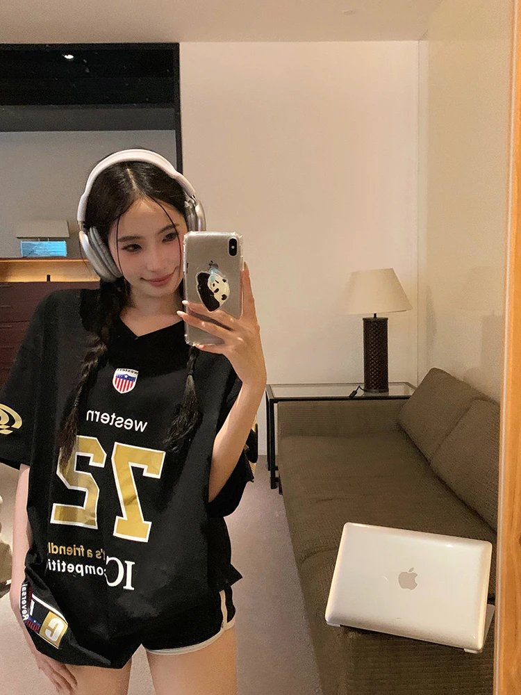 ADAgirl Sports Letter Graphic T Shirts for Women Short Shoulder Contrast V-neck Loose Tops Streetwear Football Clothes Summer ADAgirl Sports Letter Graphic T Shirts for Women Short Shoulder Contrast V-neck Loose Tops Streetwear Football Clothes Summer