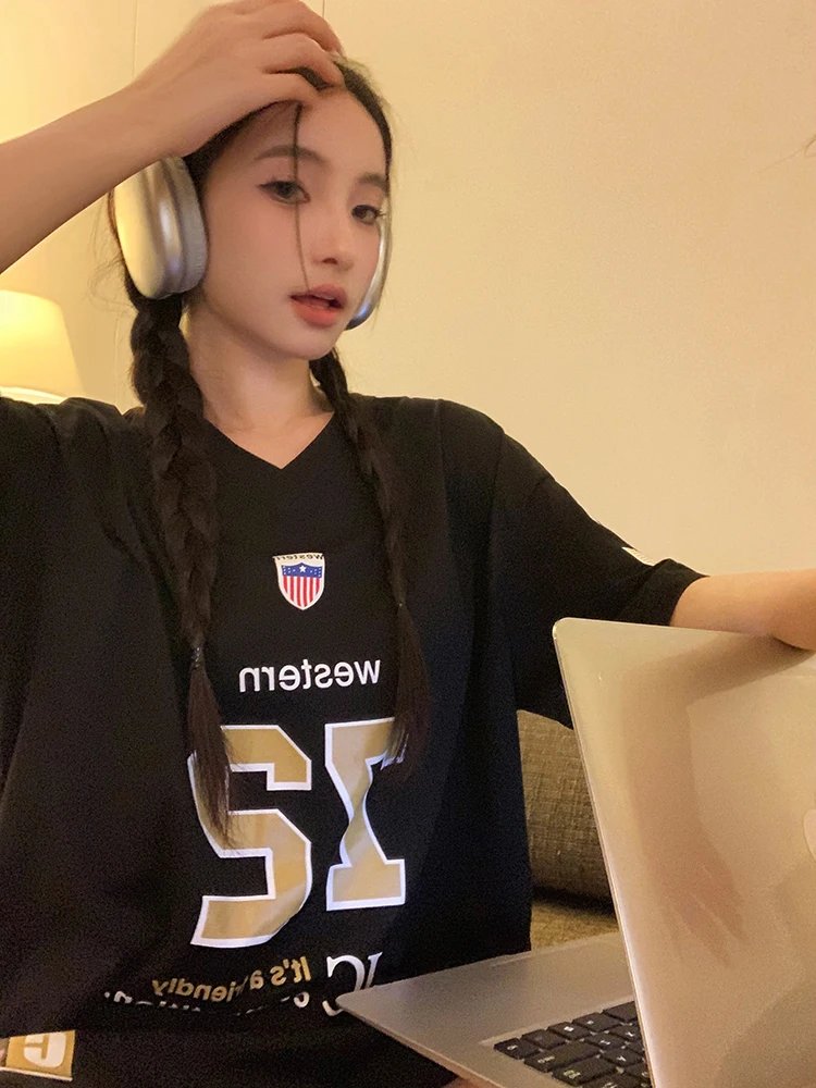 ADAgirl Sports Letter Graphic T Shirts for Women Short Shoulder Contrast V-neck Loose Tops Streetwear Football Clothes Summer ADAgirl Sports Letter Graphic T Shirts for Women Short Shoulder Contrast V-neck Loose Tops Streetwear Football Clothes Summer