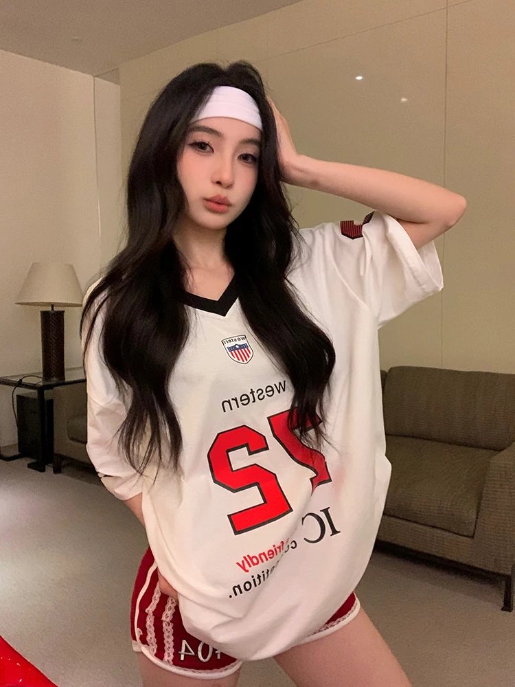 ADAgirl Sports Letter Graphic T Shirts for Women Short Shoulder Contrast V-neck Loose Tops Streetwear Football Clothes Summer ADAgirl Sports Letter Graphic T Shirts for Women Short Shoulder Contrast V-neck Loose Tops Streetwear Football Clothes Summer
