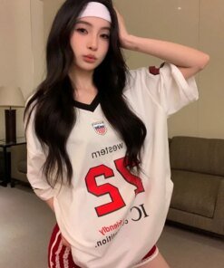 Alternative view of ADAgirl Sports Letter Graphic T Shirts for Women Short Shoulder Contrast V-neck Loose Tops Streetwear Football Clothes Summer