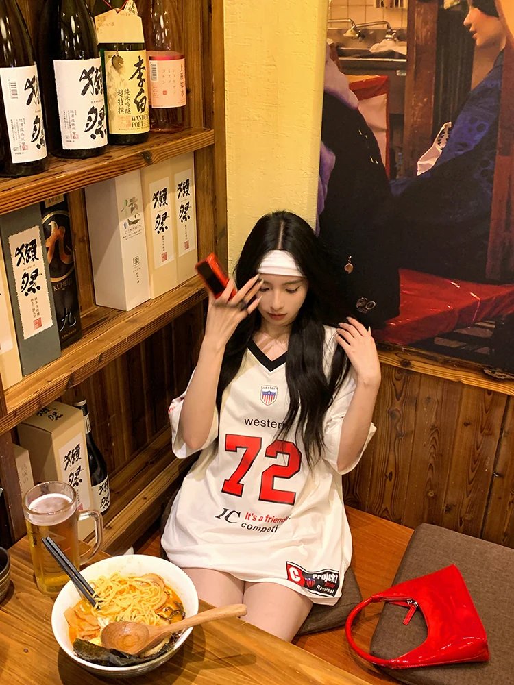 ADAgirl Sports Letter Graphic T Shirts for Women Short Shoulder Contrast V-neck Loose Tops Streetwear Football Clothes Summer ADAgirl Sports Letter Graphic T Shirts for Women Short Shoulder Contrast V-neck Loose Tops Streetwear Football Clothes Summer