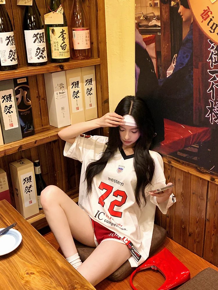 ADAgirl Sports Letter Graphic T Shirts for Women Short Shoulder Contrast V-neck Loose Tops Streetwear Football Clothes Summer ADAgirl Sports Letter Graphic T Shirts for Women Short Shoulder Contrast V-neck Loose Tops Streetwear Football Clothes Summer