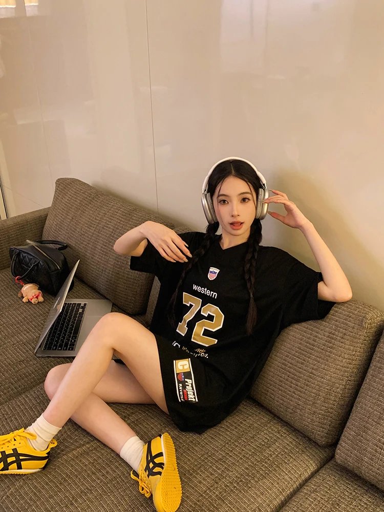ADAgirl Sports Letter Graphic T Shirts for Women Short Shoulder Contrast V-neck Loose Tops Streetwear Football Clothes Summer ADAgirl Sports Letter Graphic T Shirts for Women Short Shoulder Contrast V-neck Loose Tops Streetwear Football Clothes Summer