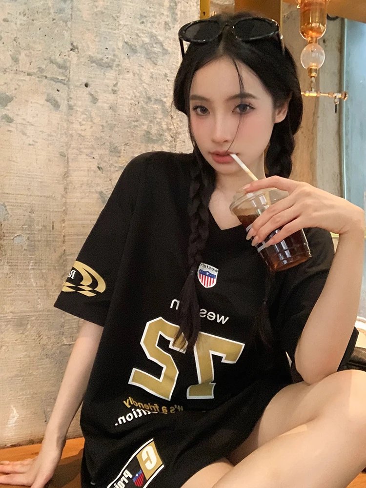 ADAgirl Sports Letter Graphic T Shirts for Women Short Shoulder Contrast V-neck Loose Tops Streetwear Football Clothes Summer ADAgirl Sports Letter Graphic T Shirts for Women Short Shoulder Contrast V-neck Loose Tops Streetwear Football Clothes Summer