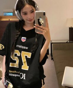 ADAgirl Sports Letter Graphic T Shirts for Women Short Shoulder Contrast V-neck Loose Tops Streetwear Football Clothes Summer