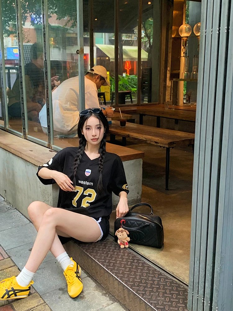 ADAgirl Sports Letter Graphic T Shirts for Women Short Shoulder Contrast V-neck Loose Tops Streetwear Football Clothes Summer ADAgirl Sports Letter Graphic T Shirts for Women Short Shoulder Contrast V-neck Loose Tops Streetwear Football Clothes Summer