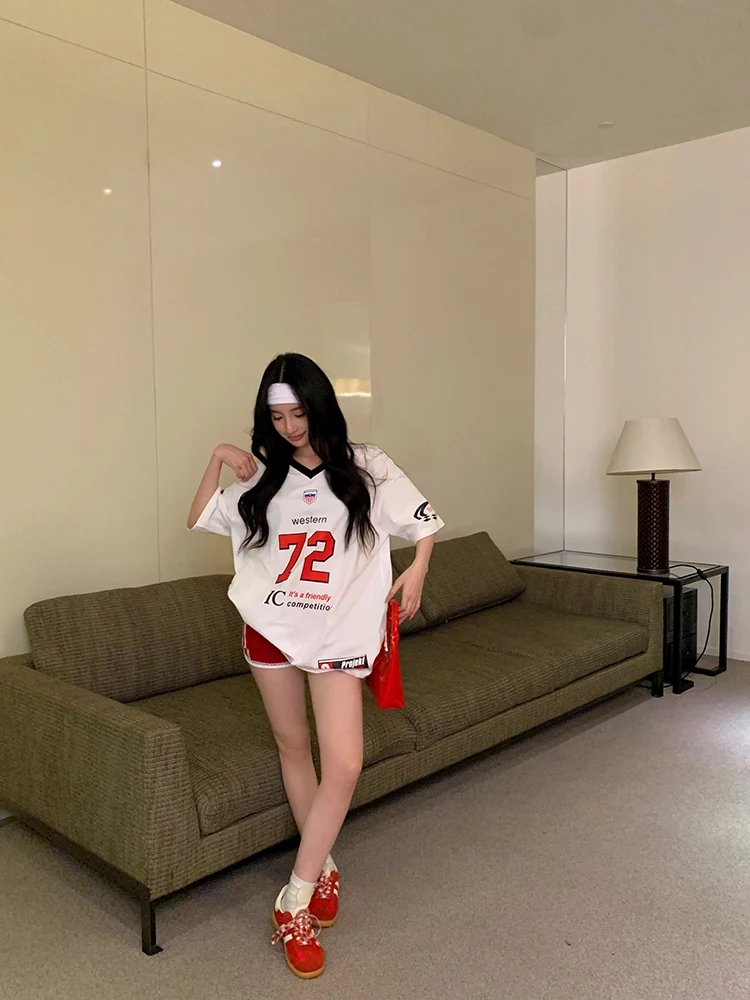 ADAgirl Sports Letter Graphic T Shirts for Women Short Shoulder Contrast V-neck Loose Tops Streetwear Football Clothes Summer ADAgirl Sports Letter Graphic T Shirts for Women Short Shoulder Contrast V-neck Loose Tops Streetwear Football Clothes Summer