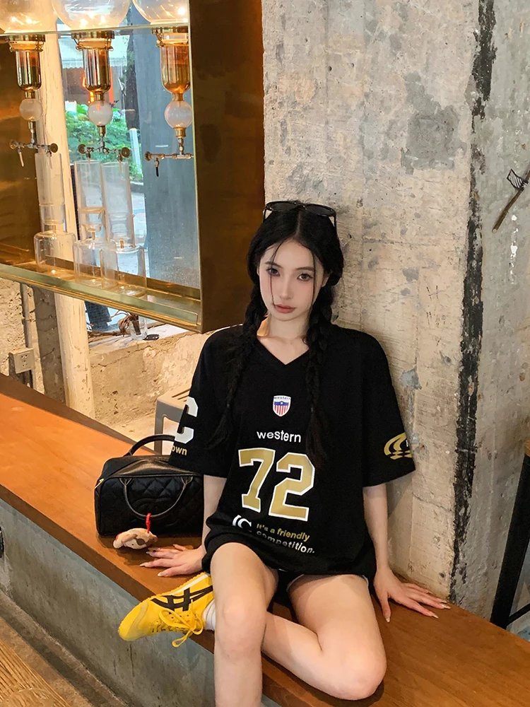 ADAgirl Sports Letter Graphic T Shirts for Women Short Shoulder Contrast V-neck Loose Tops Streetwear Football Clothes Summer ADAgirl Sports Letter Graphic T Shirts for Women Short Shoulder Contrast V-neck Loose Tops Streetwear Football Clothes Summer