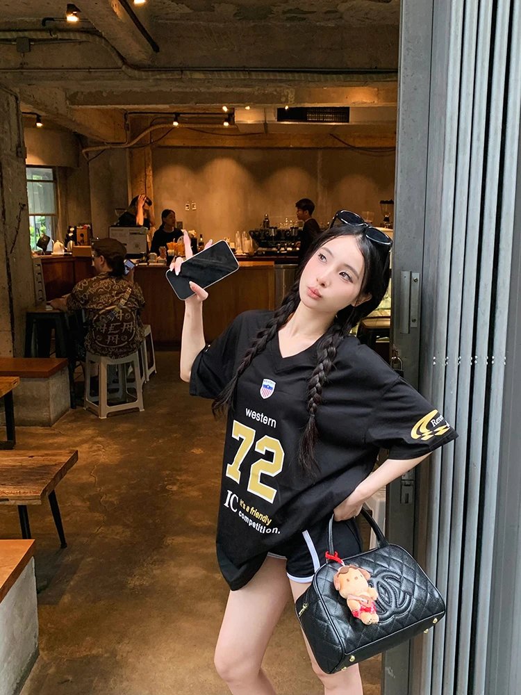 ADAgirl Sports Letter Graphic T Shirts for Women Short Shoulder Contrast V-neck Loose Tops Streetwear Football Clothes Summer ADAgirl Sports Letter Graphic T Shirts for Women Short Shoulder Contrast V-neck Loose Tops Streetwear Football Clothes Summer