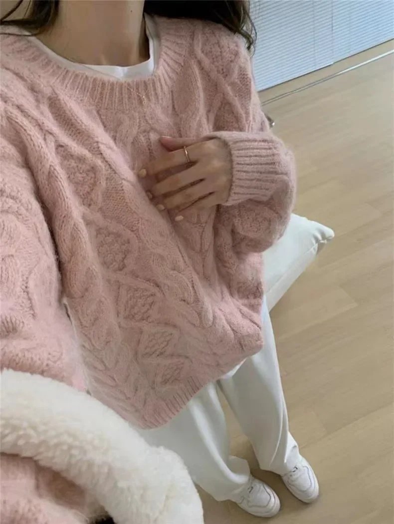 Pink Cable Knit Pullover Sweater Women's 2024 New Autumn/winter Korean Style Soft Supple Idle Fit Thickened Knit Top Pink Cable Knit Pullover Sweater Women's 2024 New Autumn/winter Korean Style Soft Supple Idle Fit Thickened Knit Top