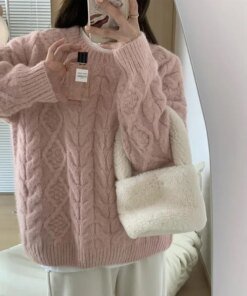 Pink Cable Knit Pullover Sweater Women's 2024 New Autumn/winter Korean Style Soft Supple Idle Fit Thickened Knit Top