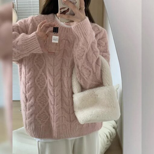 Pink Cable Knit Pullover Sweater Women's 2024 New Autumn/winter Korean Style Soft Supple Idle Fit Thickened Knit Top