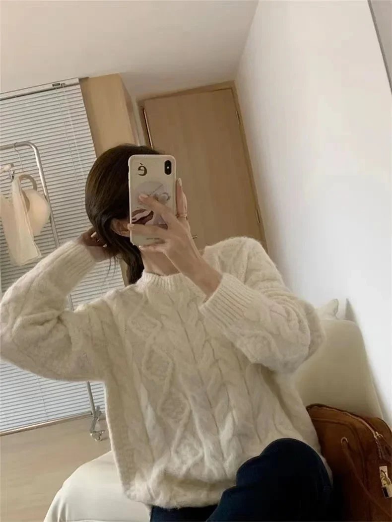Pink Cable Knit Pullover Sweater Women's 2024 New Autumn/winter Korean Style Soft Supple Idle Fit Thickened Knit Top Pink Cable Knit Pullover Sweater Women's 2024 New Autumn/winter Korean Style Soft Supple Idle Fit Thickened Knit Top